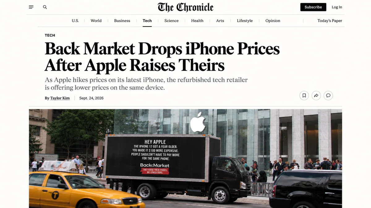 Mock news article headlined “Back Market Drops iPhone Prices After Apple Raises Theirs,” above a photo of the truck outside the Apple store