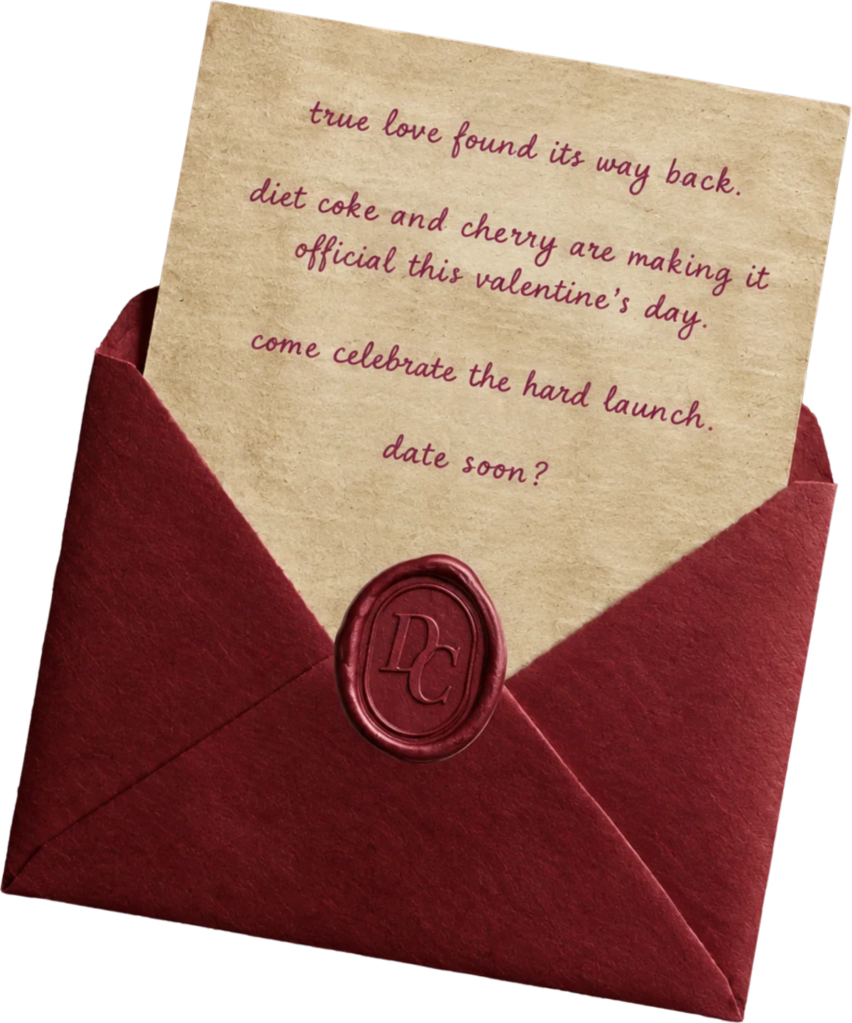 A handwritten note in a red envelope sealed with a “DC” wax stamp: “true love found its way back. diet coke and cherry are making it official this valentine’s day. come celebrate the hard launch. date soon?”