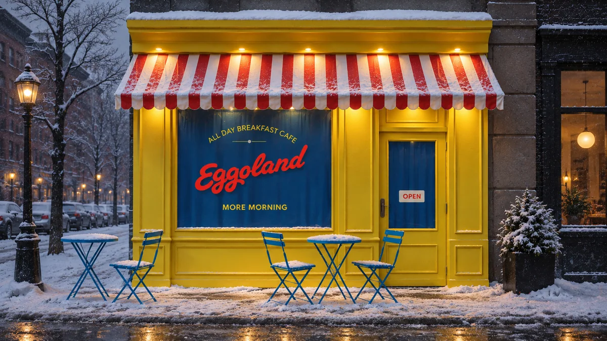 Eggoland, a bright yellow all-day breakfast café with a red-and-white striped awning, on a snowy street at dusk